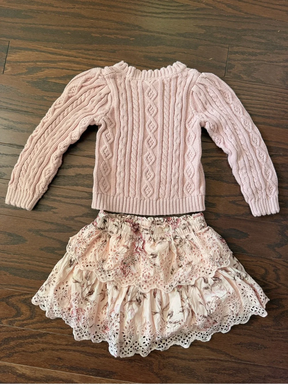 Loveshackfancy Gap kids Girls Pink Cable Knit Sweater & Lace Tiered Skirt Set S